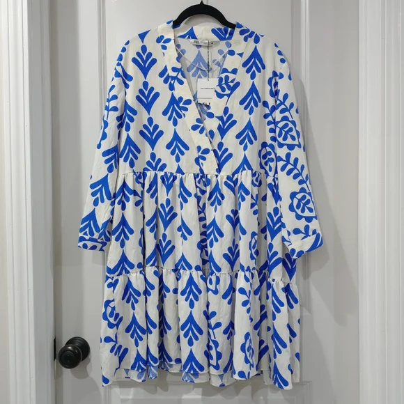 ZARA Cobalt Blue Botanical Print Long Sleeve V-Neck Tiered Babydoll Mini Dress - Picture 2 of 15